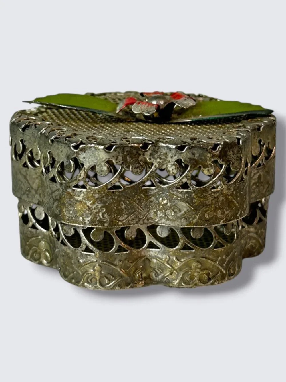 Vintage Handcrafted Silver-Tone Flower Trinket Box With Filigree Design And Enam